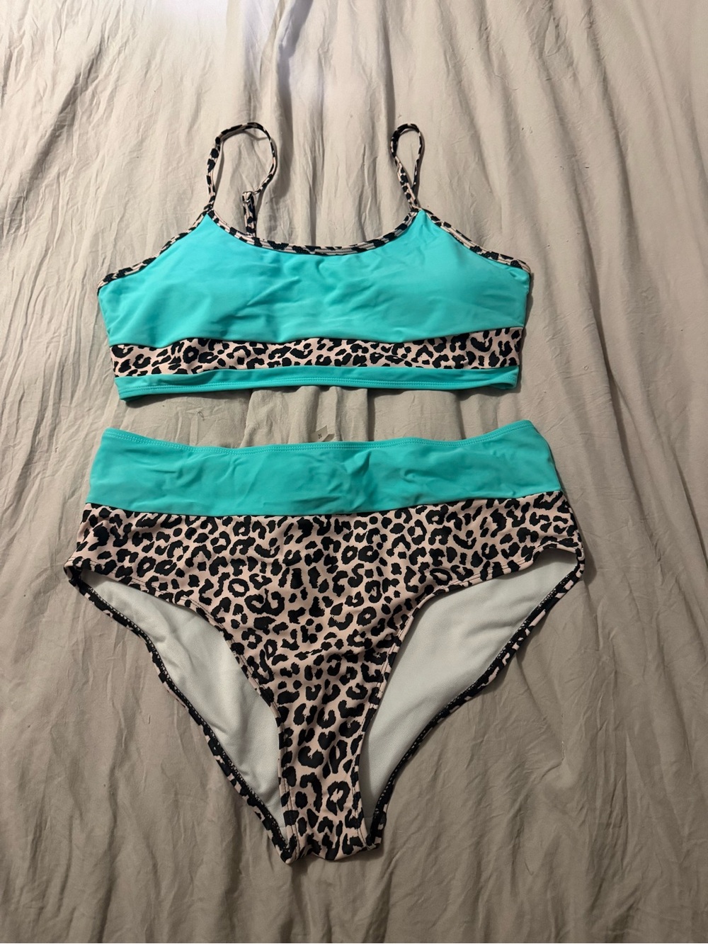 SHEIN Turquoise and Leopard Print High-Waist Bikini Set